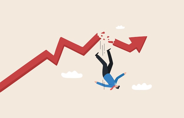 Recessione economica impatto del grafico della crisi economica e finanziaria che cade crollo finanziario uomo d'affari che cade dal grafico grafico rosso