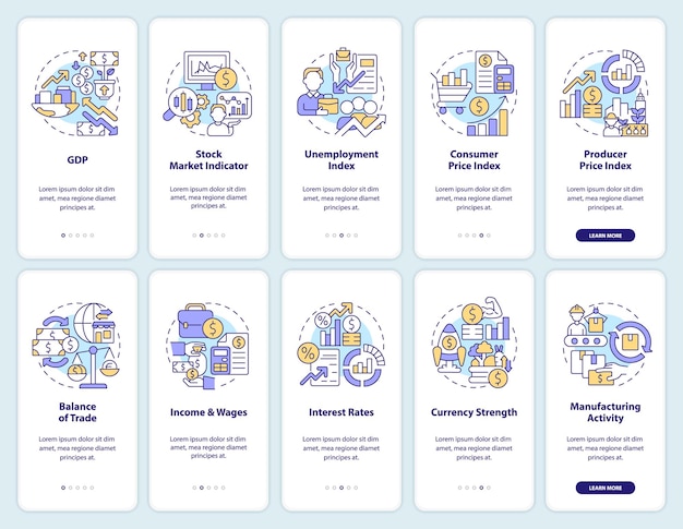 Economic indicators and examples onboarding mobile app screens set