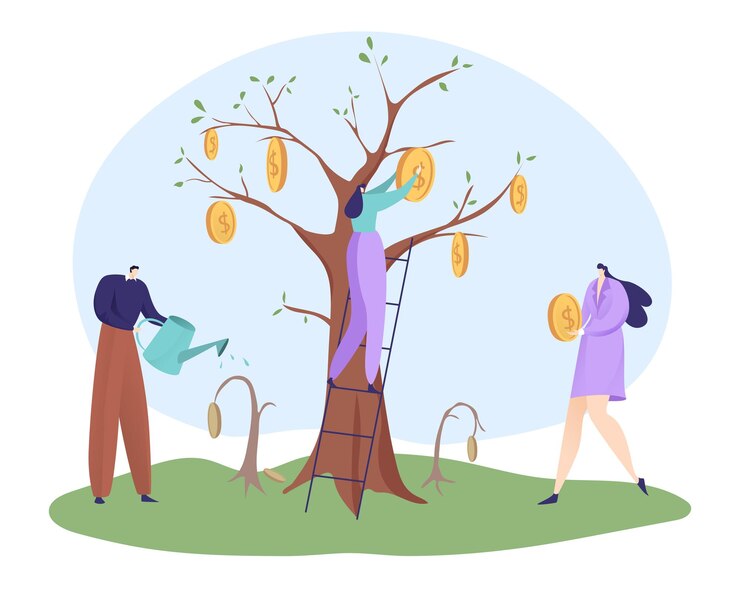Vector economic recovery after coronavirus global crisis businesswoman hold coin businessman watering tree flat vector illustration isolated on white