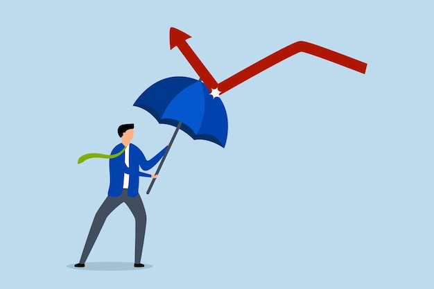 Vector economic recovery businessman with a strong umbrella to return a red arrow