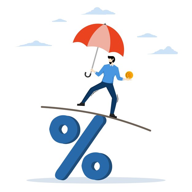 Economic recovery concept vector illustration with businessman balancing himself on percentage sign