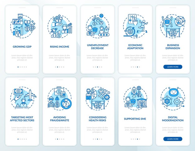 Economic recovery onboarding mobile app page screen with concepts set