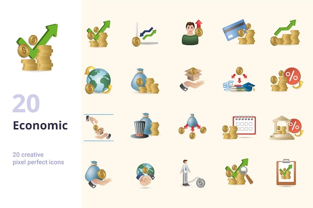 Economic set creative icons financial economic fluctuation