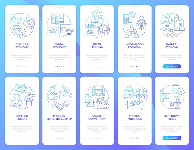 Sistemi economici gradiente blu onboarding set di schermate per app mobili procedura dettagliata in 5 passaggi pagine di istruzioni grafiche con concetti lineari modello gui ui ux myriad probold font regolari utilizzati