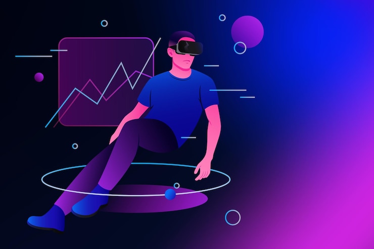 Vector economics in metaverse data graph man in goggles isometric vector illustration
