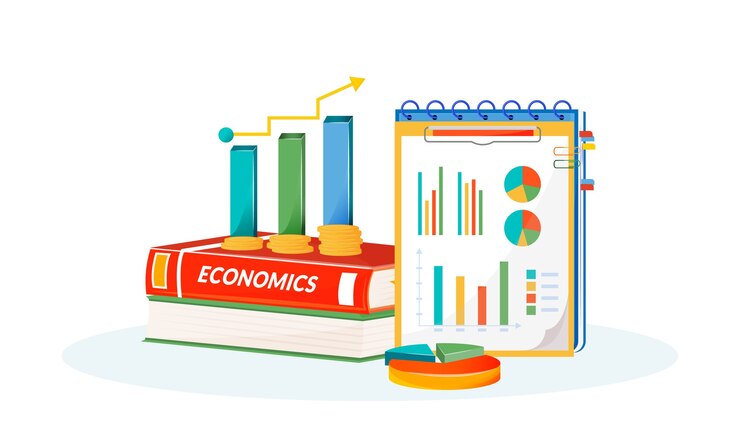 Vector economie platte concept illustratie. schoolvak. sociale wetenschappen leren metafoor. statistivs klasse. universitaire opleiding. leerlingboek, grafieken en taartdiagramitems 2d-cartoonobjecten