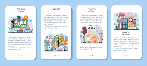 Economie school onderwerp mobiele applicatie banner set. Student studeren