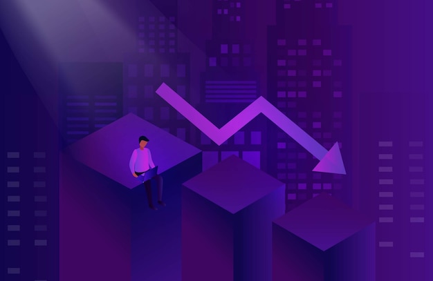 Economische neergang vallen pijl financiële crisis concept zakenman analyseren van beurs