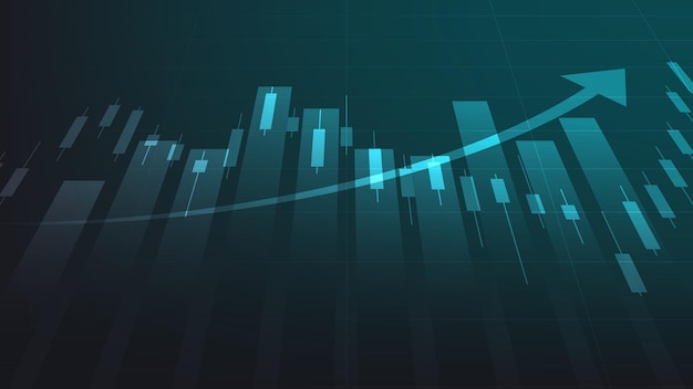 Concetto di fondo di economia e finanza. candelieri del mercato azionario con grafico a barre e freccia di tendenza al rialzo