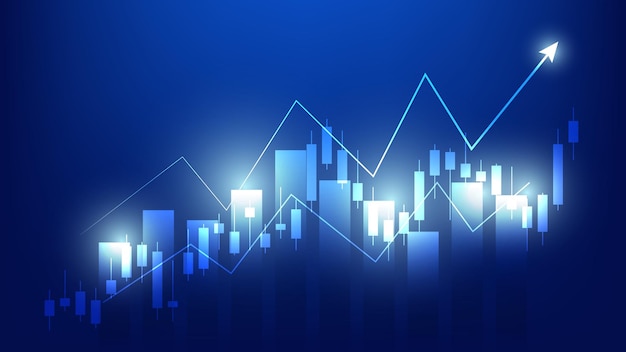 Concetto di economia e finanza. statistiche sulle imprese finanziarie candelieri del mercato azionario e grafico a barre