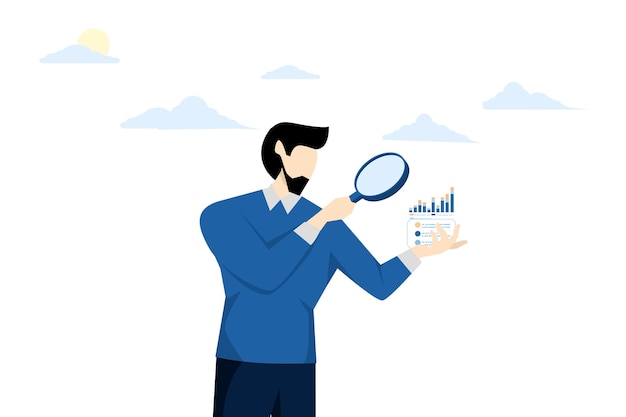 Economy or improvement concept with businessman looking through magnifying glass analysis graph