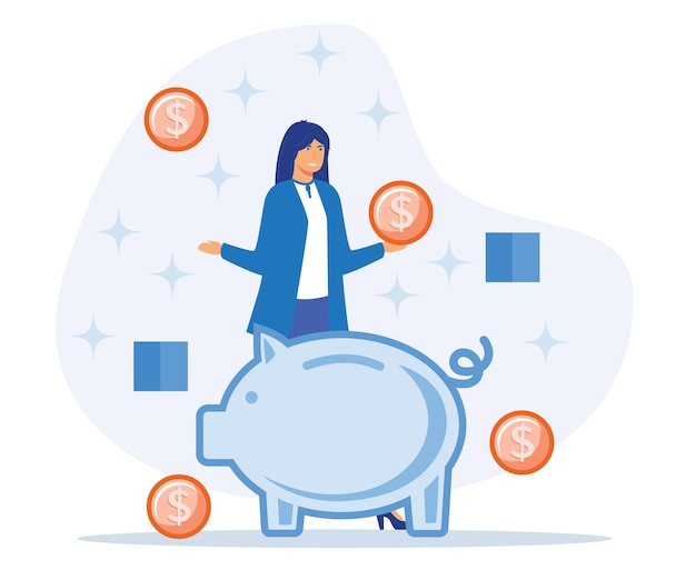 Economy investment banking concept money coin fly around piggy bank flat vector modern illustration
