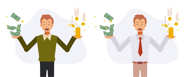 Economy and savings concept.Happy man in casual dress and business uniform holding full of coins and banknotes in both hands. Flat vector cartoon character illustration.