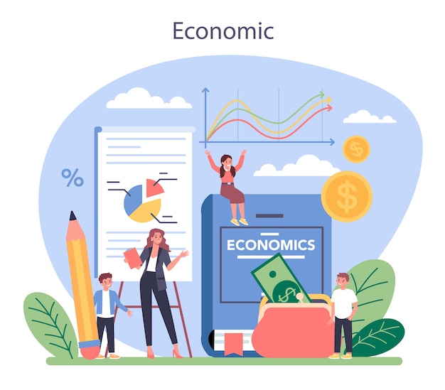 Illustrazione di concetto di materia di scuola di economia nello stile del fumetto