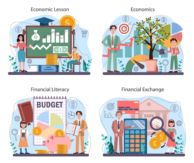 Economy school subject concept set. student studying global economics and money. idea of business capital, investment and budget. vector illustration in cartoon style