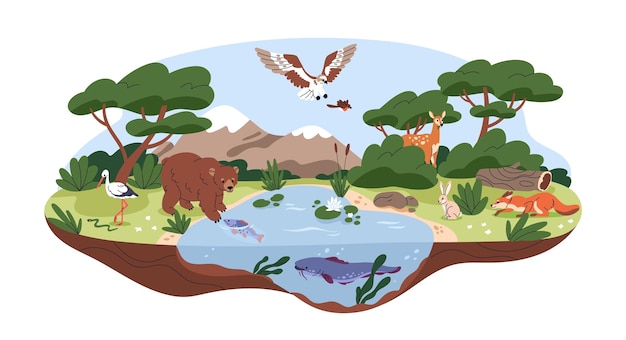 Vettore ecosistema, concetto di biodiversità. diversi habitat forestali, animali carnivori, uccelli in ambiente selvaggio, natura. fauna selvatica, diversità della fauna. illustrazione vettoriale piatta isolata su sfondo bianco.