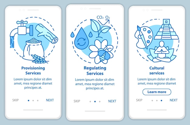 Vector ecosystem services blue onboarding mobile app page screen with linear concepts. water resources provision walkthrough steps graphic instructions. ux, ui, gui vector template with illustrations