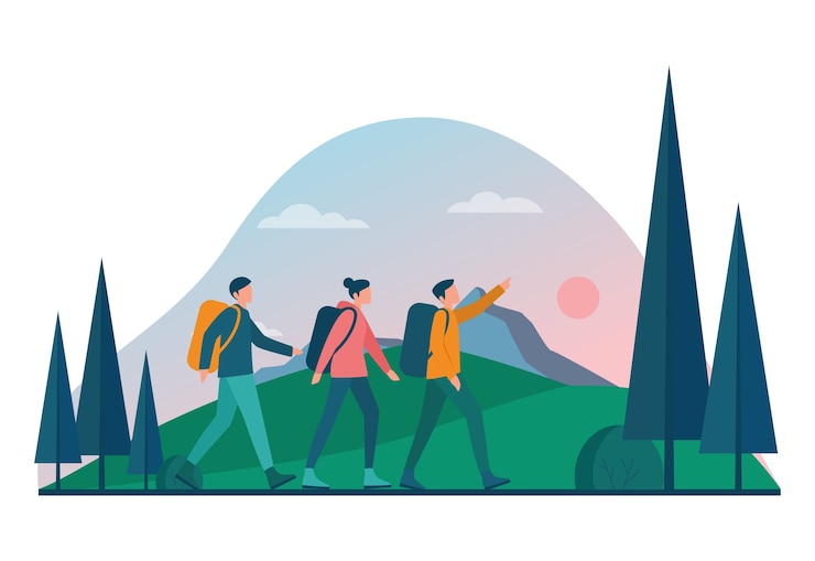 Vector ecotoerisme en eco reizend concept. eco-vriendelijk toerisme in de wilde natuur, wandelen en kanoën. toerist met rugzak en tent. vector illustratie.