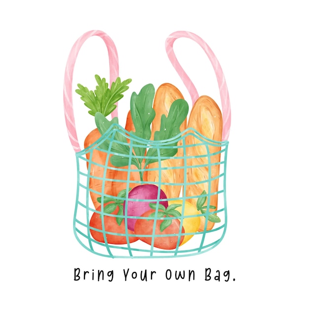 Vector ecovriendelijke herbruikbare boodschappentas vol met verse groenten aquarel handtekening illustratie