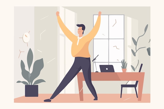 Ecstatic man dances reveling in success Grinning worker celebrates victory or accomplishment at work Achievement recognition Vector graphic