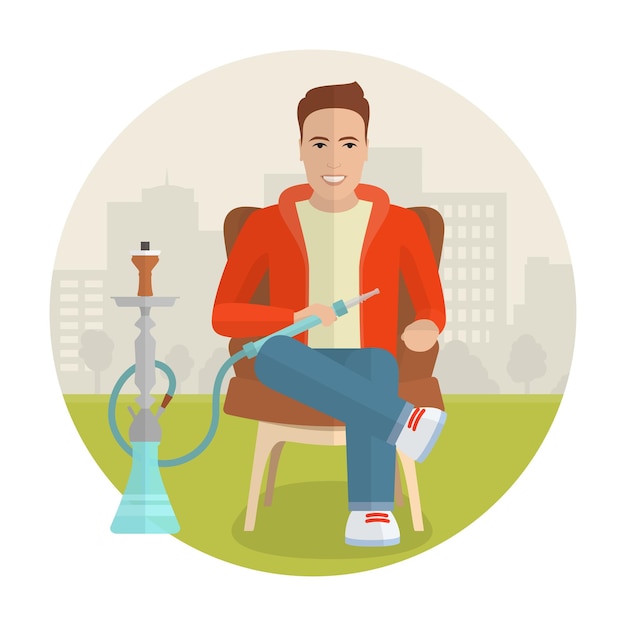 Vector ector man smoking hookah smoking cartoon man sitting in an armchair on flat city background