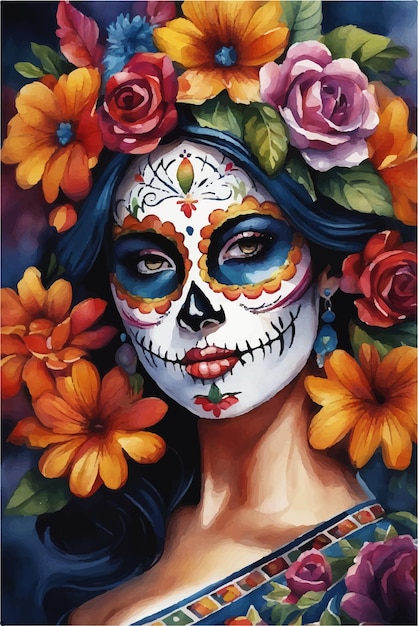 Vector ector watercolor painting of beautiful woman with a sugar skull makeup with a wreath of flowers