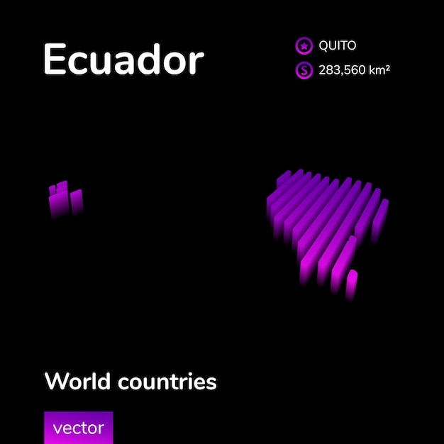 Ecuador 3D-kaart Gestileerde gestreepte vector isometrische kaart van Ecuador is in neon violet kleuren op zwarte achtergrond