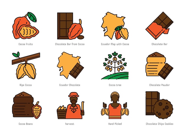 Ecuador cocoa origin colour line icon design with Ecuador map,cocoa fruits,tree,beans and harvest with hand picks.