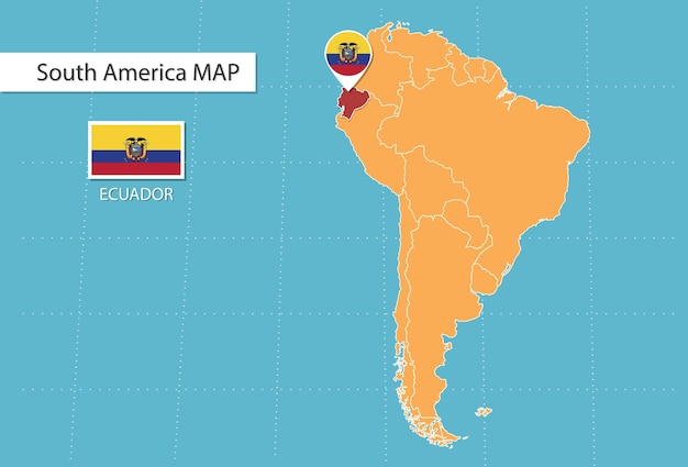 Карта Эквадора в Америке, значки, показывающие местоположение и флаги Эквадора.