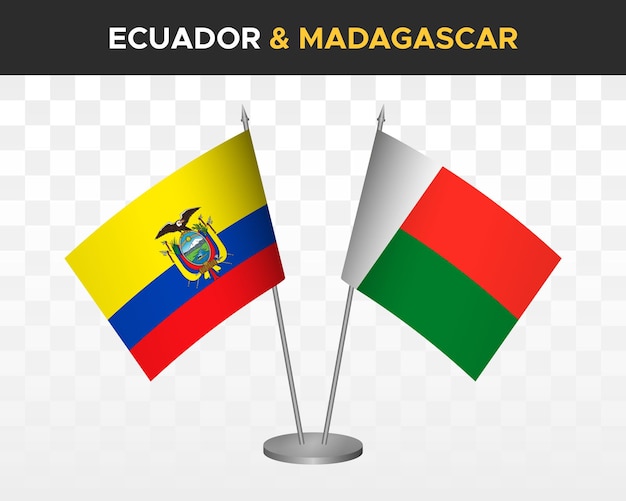 Ecuador vs Madagaskar Bureau vlaggen mockup geïsoleerde 3d vector illustratie Ecuadoraanse tafel vlag