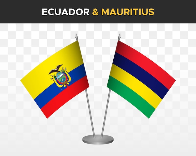 Ecuador vs Mauritius desk flags mockup isolated 3d vector illustration ecuadorian table flag