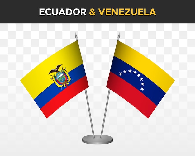 Ecuador vs Venezuela desk flags mockup isolated 3d vector illustration ecuadorian table flag