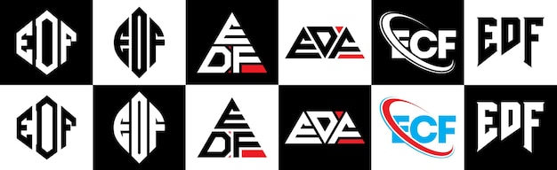 EDF letter logo ontwerp in zes stijl EDF veelhoek cirkel driehoek zeshoek platte en eenvoudige stijl met zwart en wit kleur variatie letter logo set in één artboard EDF minimalistische en klassieke logo