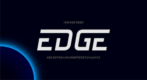 Edge、テクノロジーをテーマにした抽象的な未来的なアルファベットのフォント。モダンなミニマリストのタイポグラフィデザイン