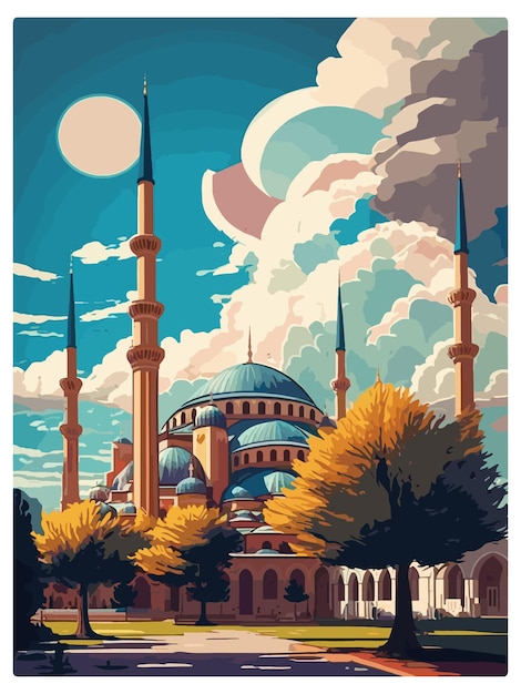 Vector edirne turkey vintage travel poster souvenir postcard portrait painting wpa illustration