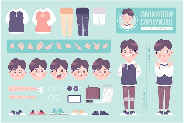 Vector editable animation flat design geek boy character template