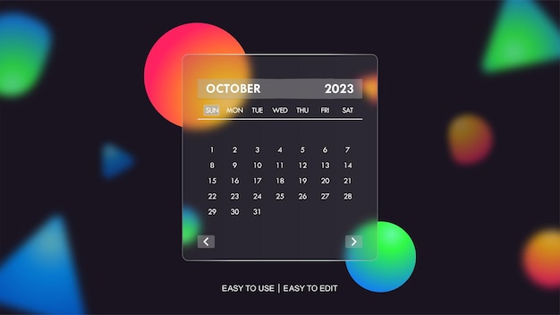 ガラスモーフィズム効果とカラフルな背景ベクトルを使用した編集可能なカレンダー 2023 デザイン