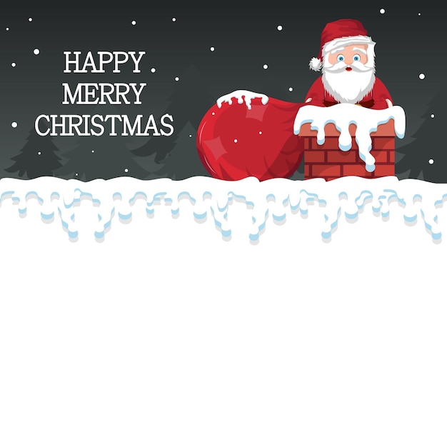 Vector editable card with snow and santa claus entering chimney with bag of gifts