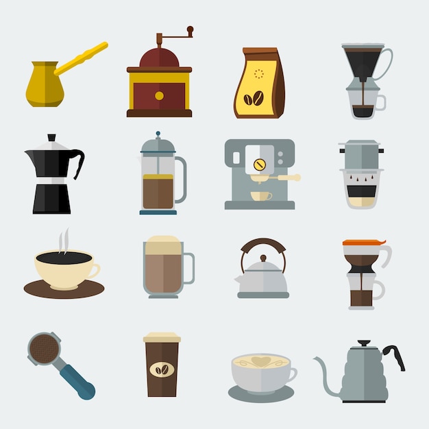 Вектор Редактируемые инструменты cofee equipments icon set в плоском стиле