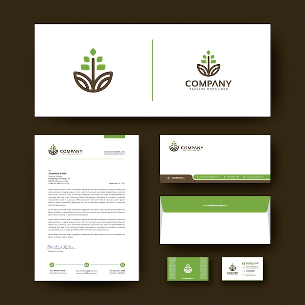 Editable corporate identity template design with envelope, business card, and letterhead.