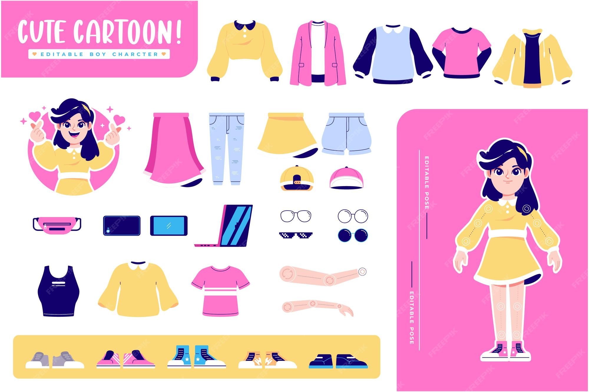 Premium Vector Editable cute girl cartoon character animation and Premium Vector Editable cute girl cartoon character animation and