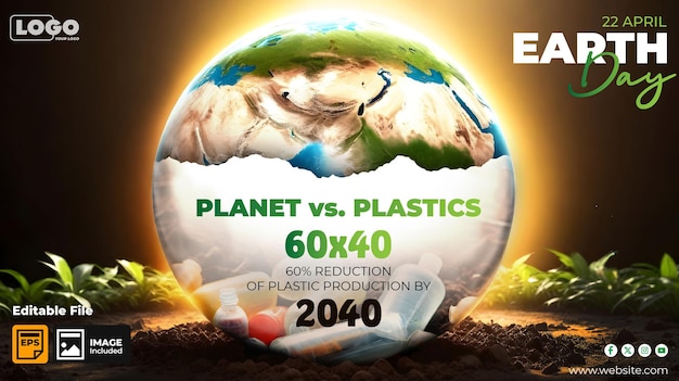 Editable Earth Day banner concept template with theme Planet vs Plastic