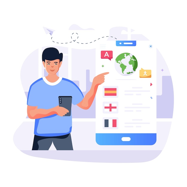 an editable flat illustration of mobile translator