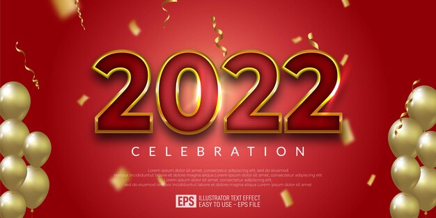 Banner di design dorato rosso modificabile felice anno nuovo, festa di capodanno, palloncini multipli,