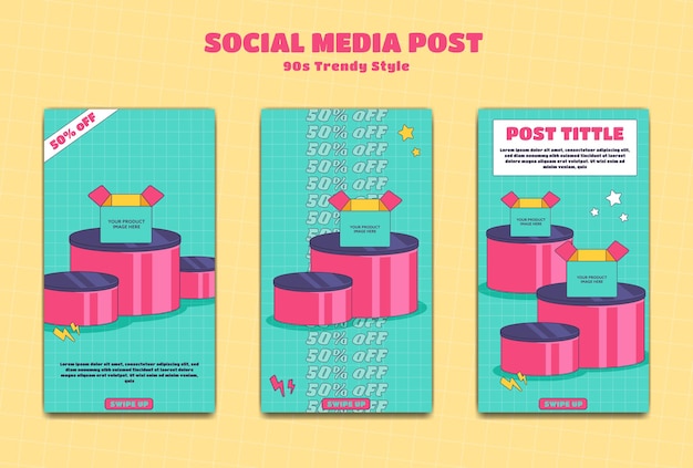 Vector editable instagram story post template set blue with podium for product image showcase in 90s retro trendy cartoon anti design style