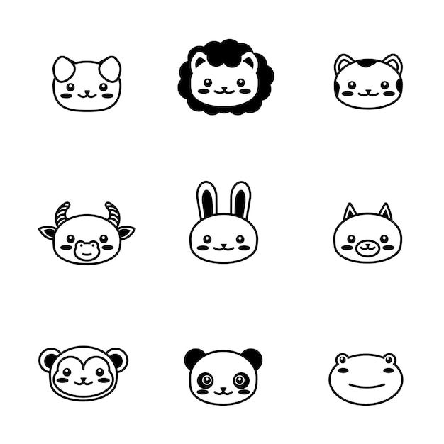 Editable line, stroke. face head icon set. Kawaii animal. Cute cartoon character. Funny baby kids print. White background. Isolated. Outline symbol collection.