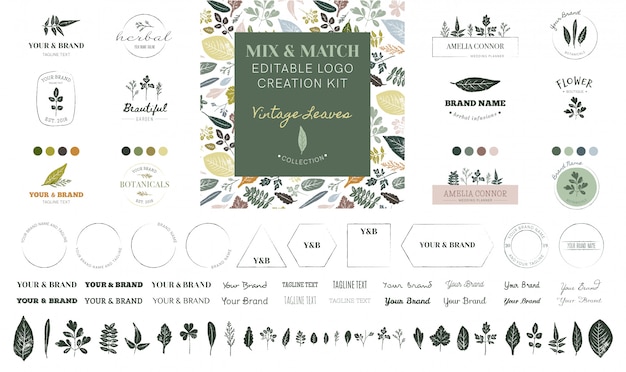 Vector editable logo creation kit - vintage leaves collection