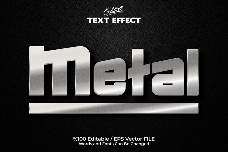 Editable metallic text effect written in silver colors on a black grainy background Metal lettering effect