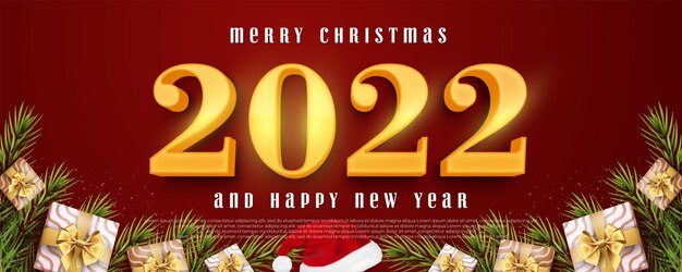 編集可能な番号2022クリスマスと新年のバナーに適した新年あけましておめでとうございます3Dスタイル