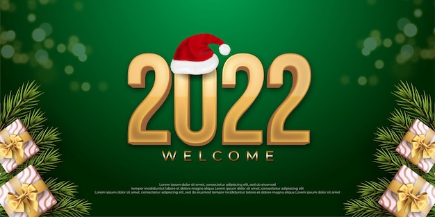 Editable number 2022 happy new year with santa hat icon on green background